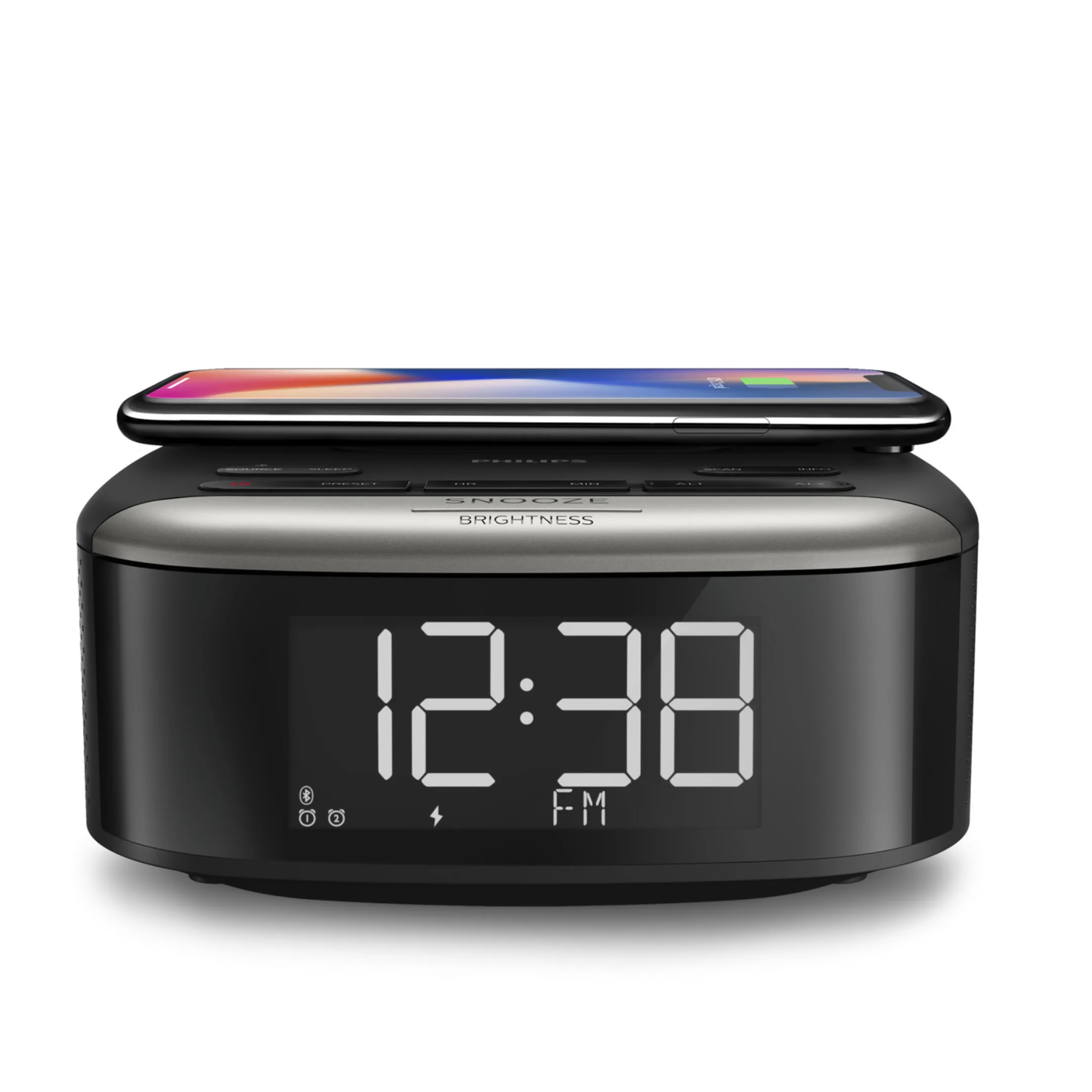 Philips TAR7606 37 bedside clock radio front view showing large digital clock display and snooze button