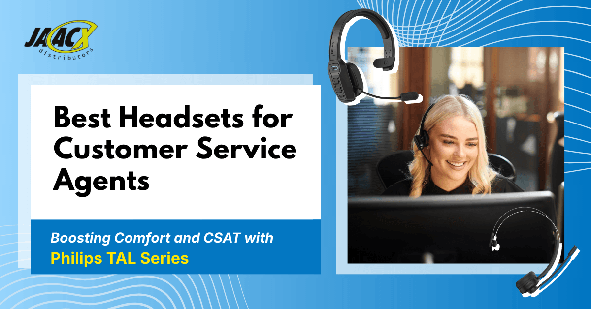 JAACX featured banner showcasing the best headsets for customer service agents featuring the Philips TAL Series worn by a smiling call center representative.