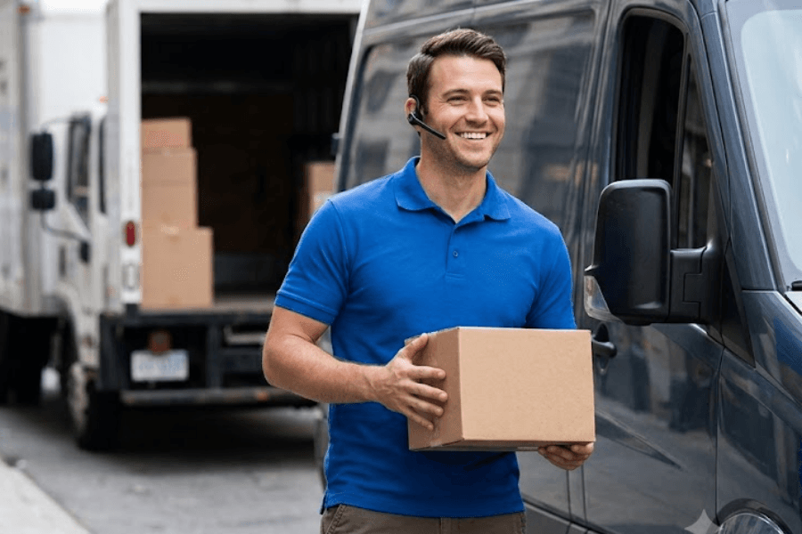 Courier carrying cardboard parcel next to delivery van wearing Philips TAL series single-ear Bluetooth headset with boom mic
