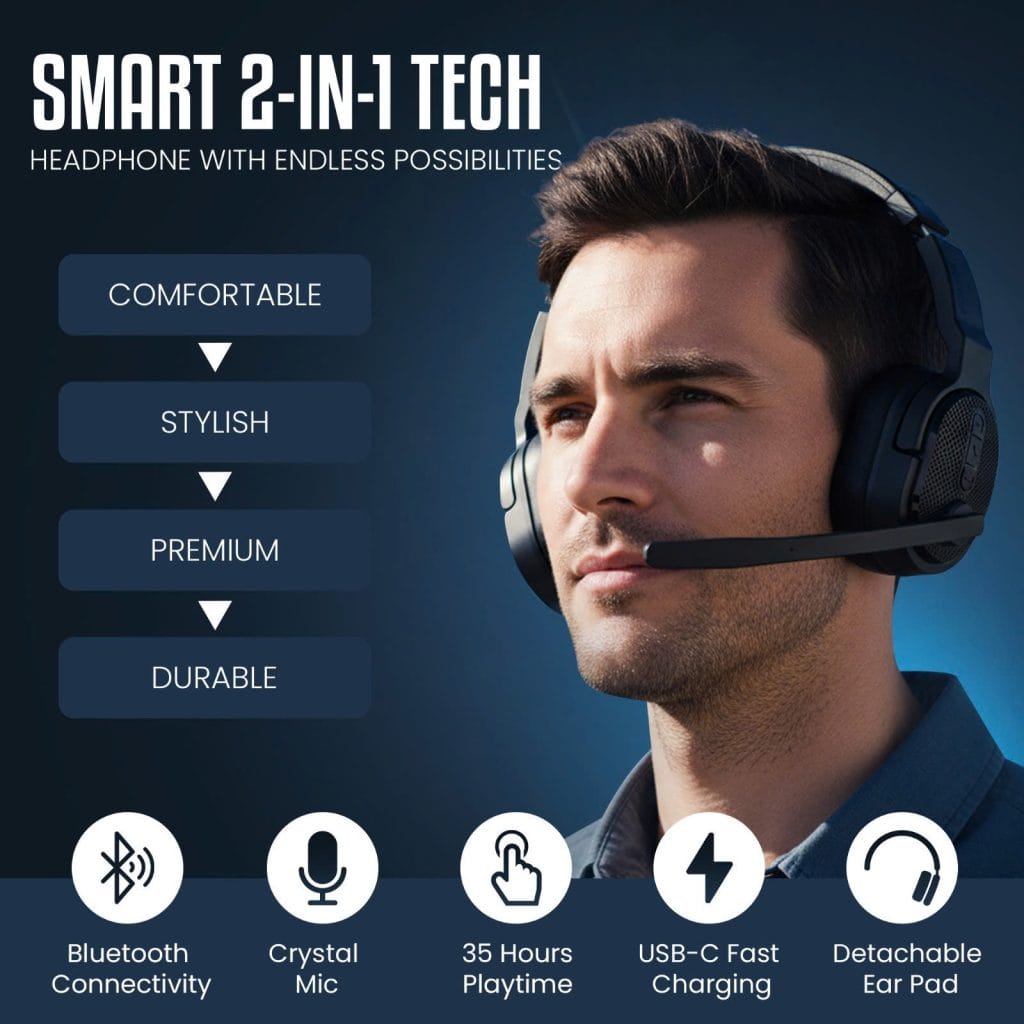 Man wearing Philips 2-in-1 Bluetooth headset with details highlighting 35 hours playtime, USB-C fast charging, and detachable ear pad.