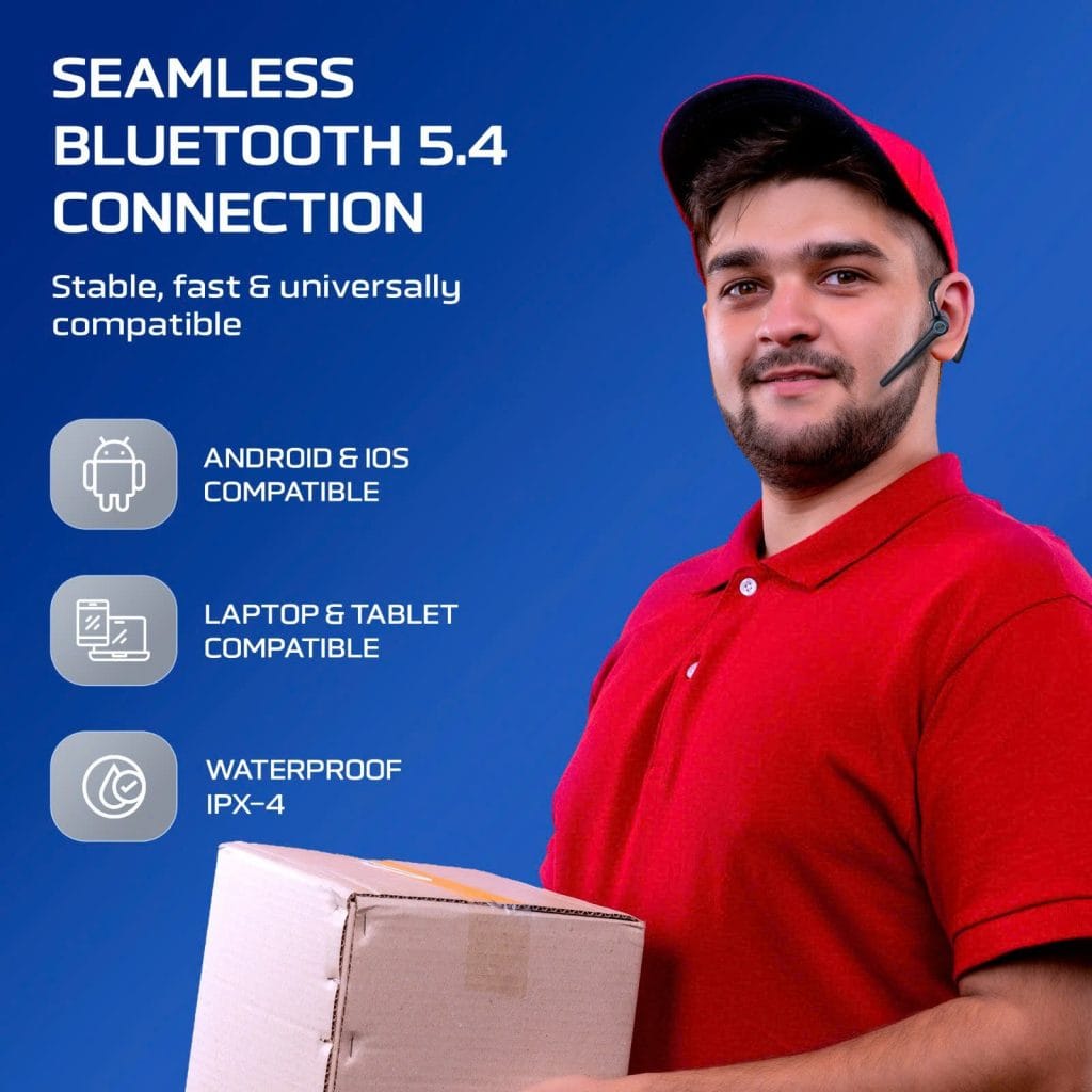 Delivery driver holding package wearing Philips single-ear headset with icons for Android, iOS, laptop compatibility, and IPX-4 waterproof rating.