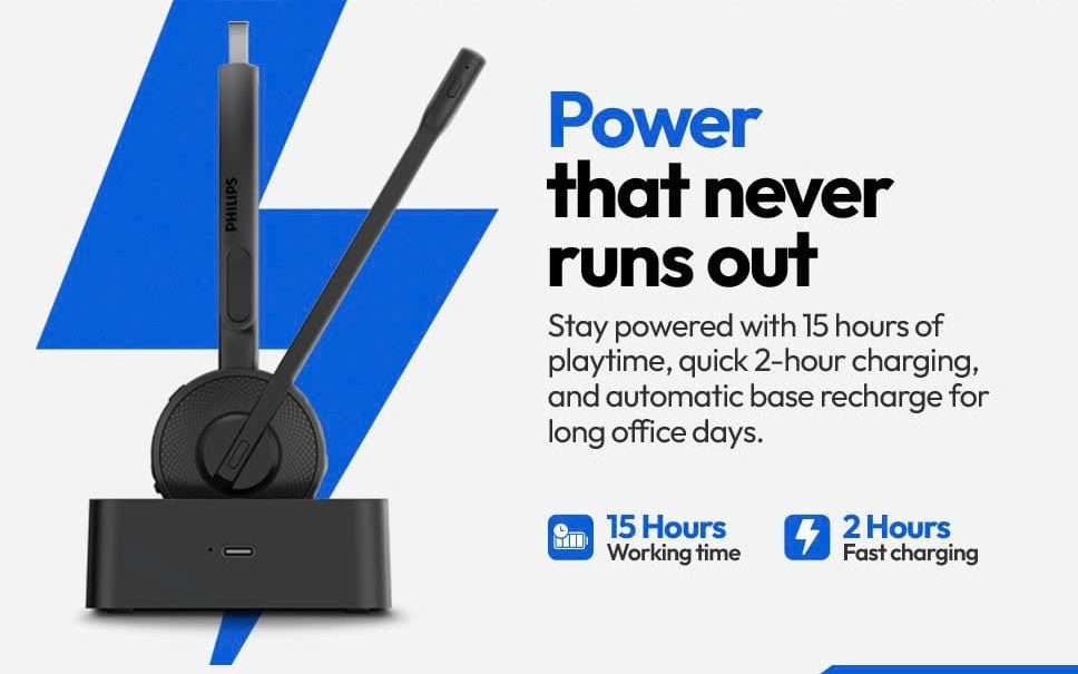 Philips TAL Series wireless headset docked on its smart charging base highlighting 15 hours working time and 2-hour fast charging