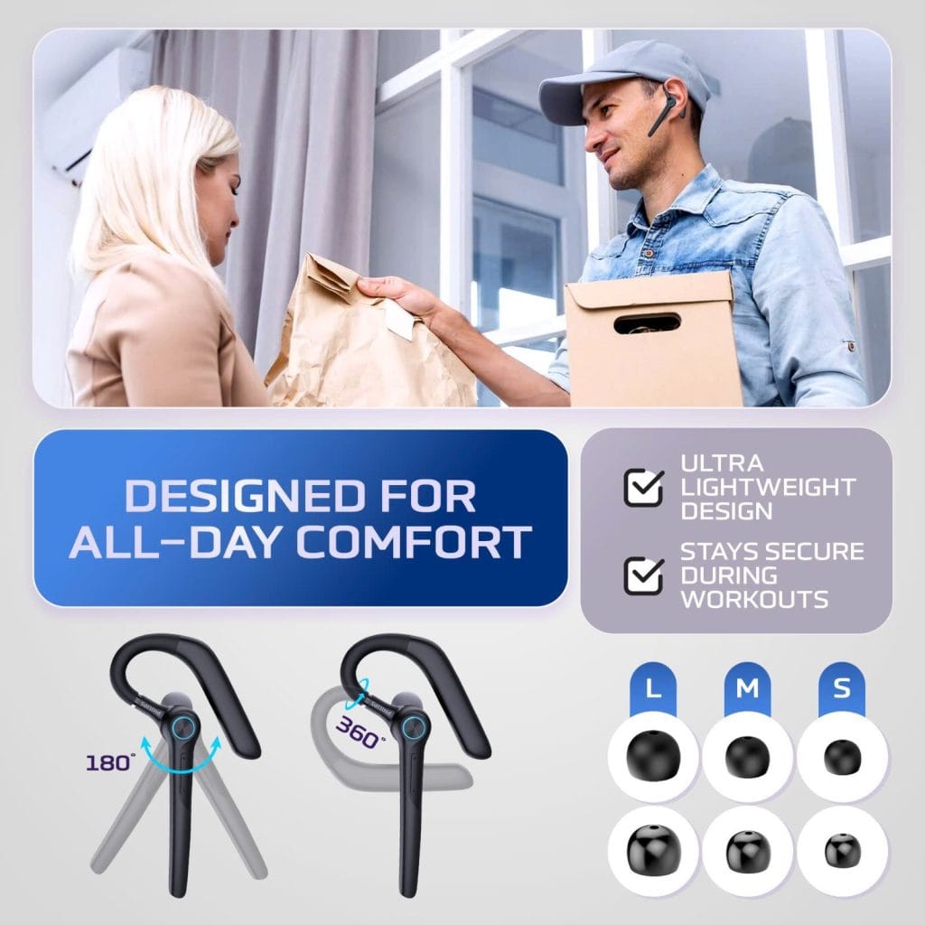 Courier handing parcel to customer with diagram showing Philips single-ear headset adjustable hook angles and included L, M, S ear tips.