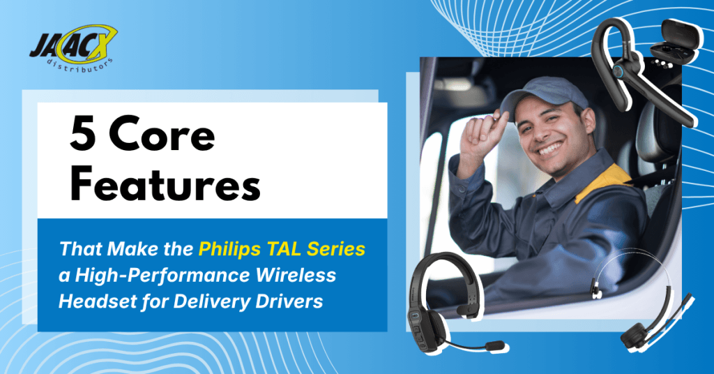 Philips TAL Series wireless headsets for delivery drivers featuring single-ear Bluetooth models with noise-canceling boom mics - JAACX Distributors