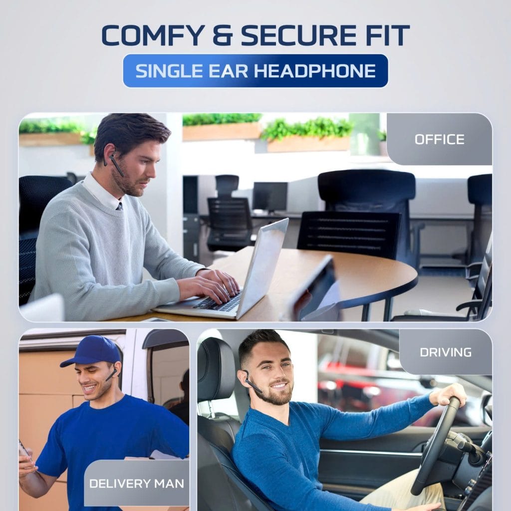 Collage showing the single-ear Philips TAL Bluetooth headset used in office settings, during package delivery, and while driving.