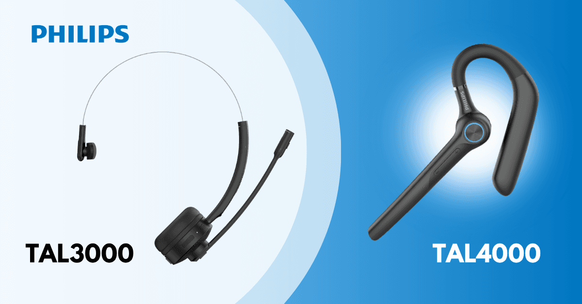Side by side comparison of the Philips TAL3000 lightweight thin-band headset and the Philips TAL4000 compact Bluetooth earpiece.