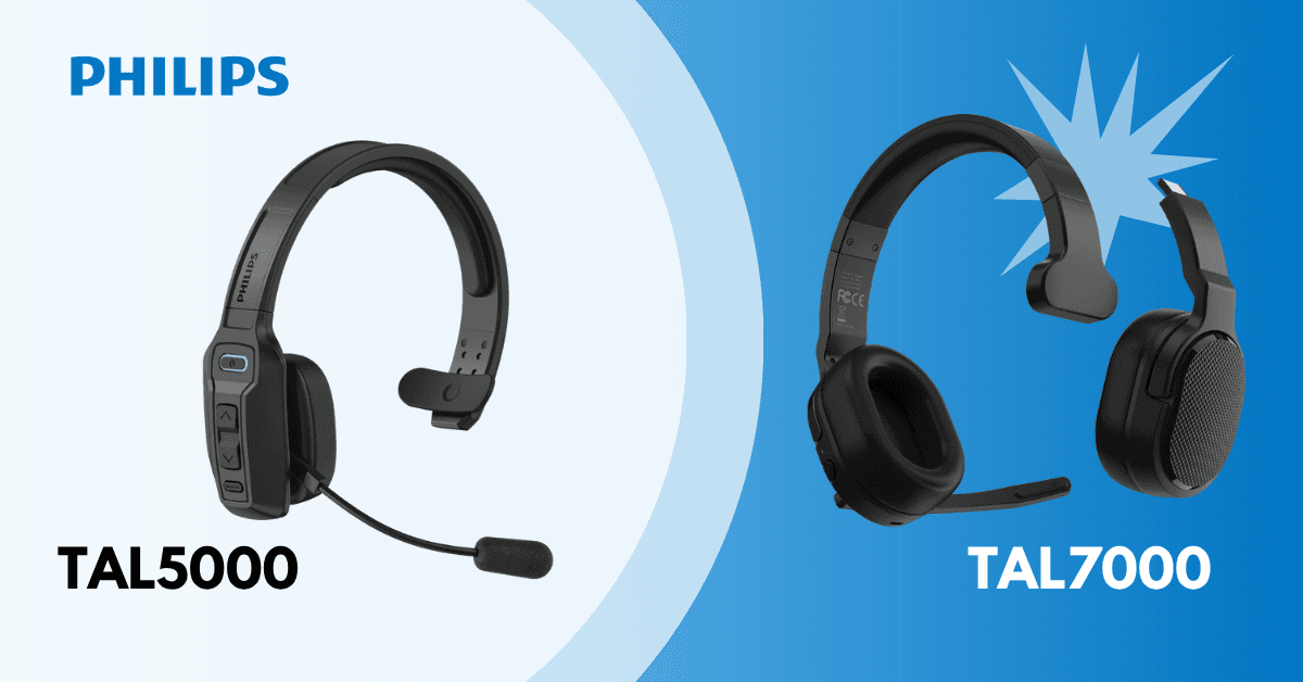 Comparison layout featuring the rugged single-ear Philips TAL5000 headset with physical buttons and the heavy-duty Philips TAL7000 wireless truck driver headset.