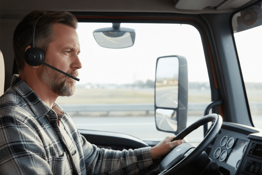A male truck driver wearing a plaid shirt and a wireless hands-free headset while driving a semi-truck on the highway.