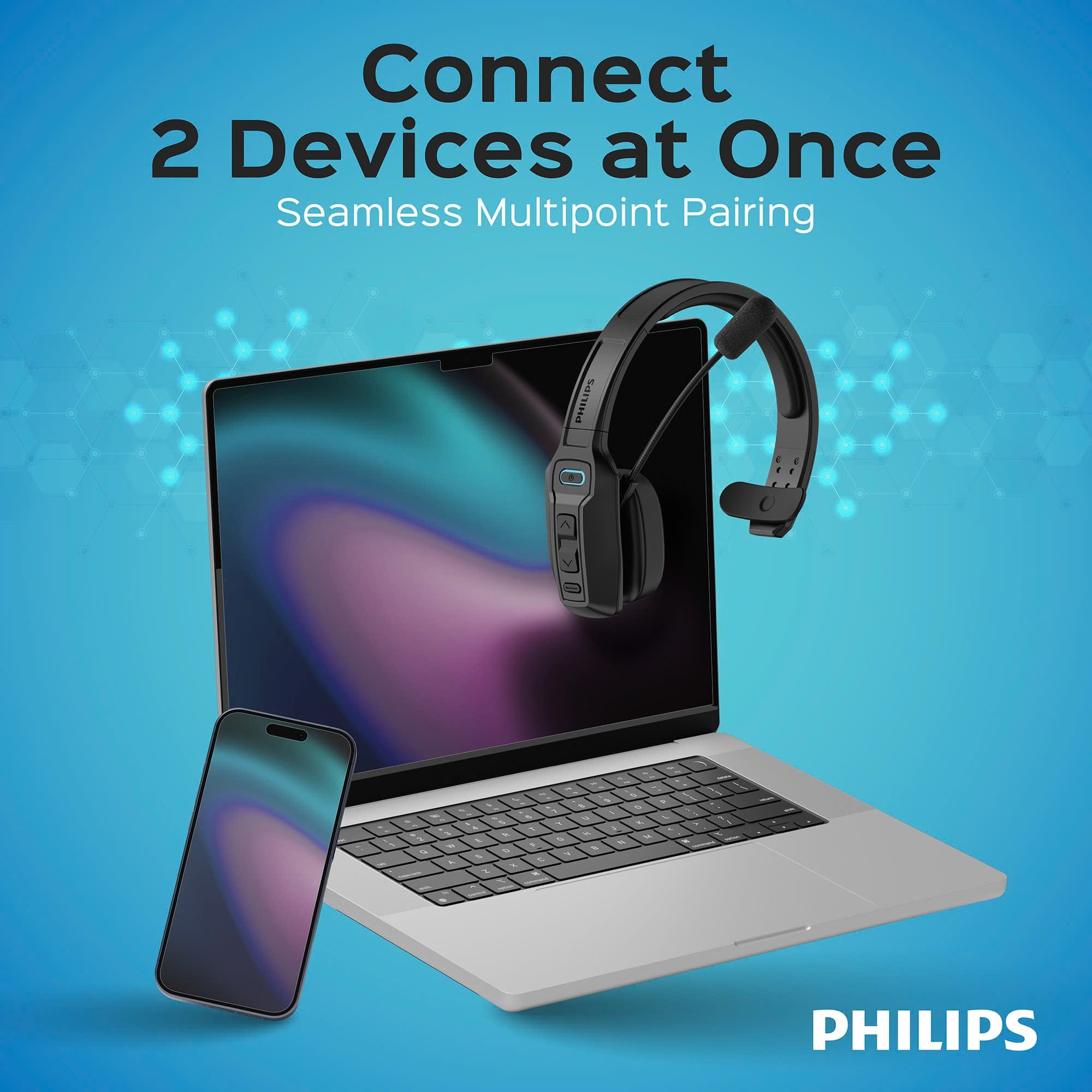Philips TAL Series headset demonstrating seamless multipoint pairing by connecting to a laptop and a smartphone simultaneously.