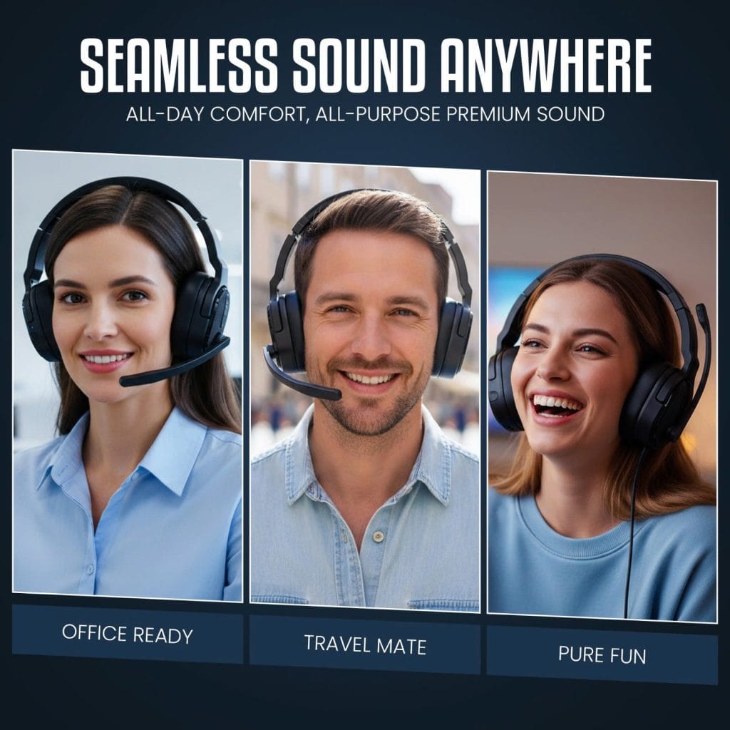 Professionals using versatile headsets for office work, travel, and leisure