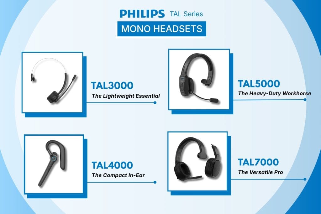 Philips TAL Series mono headsets lineup including TAL3000, TAL4000, TAL5000, and TAL7000 models