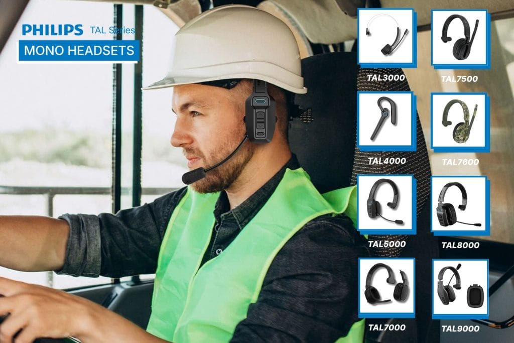 Overview of the Philips TAL Series mono headsets showing models TAL3000 through TAL9000 worn by a professional in a hard hat.