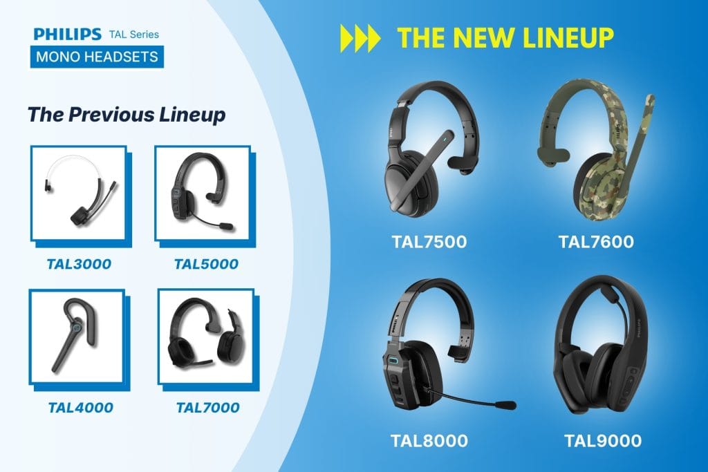 Comparative overview displaying the previous lineup of Philips TAL Series mono headsets (TAL3000, TAL4000, TAL5000, TAL7000) alongside the new lineup (TAL7500, TAL7600, TAL8000, TAL9000).