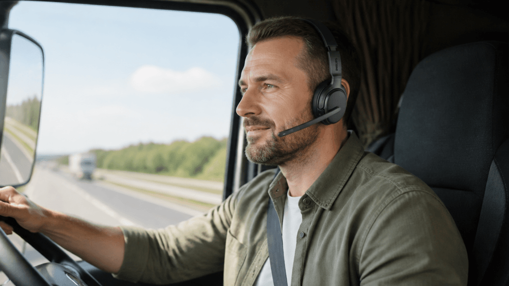 A truck driver wearing the Philips TAL7500 mono headset while driving a semi-truck on the highway.