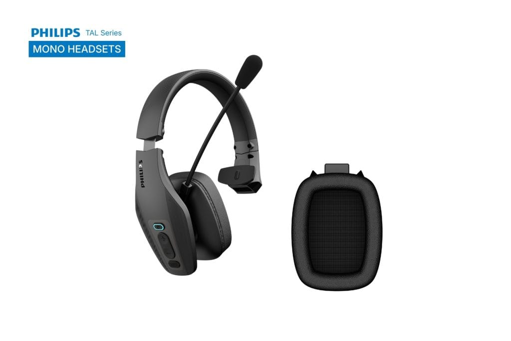 Philips TAL9000 mono headset displayed next to a replacement ear cushion.