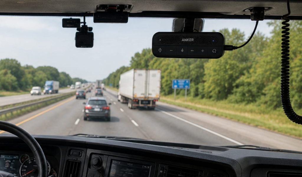 ruck driver driving on highway evaluating mono headset vs speakerphone setup