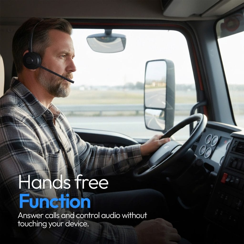 Professional truck driver operating vehicle with hands free function on mono headset