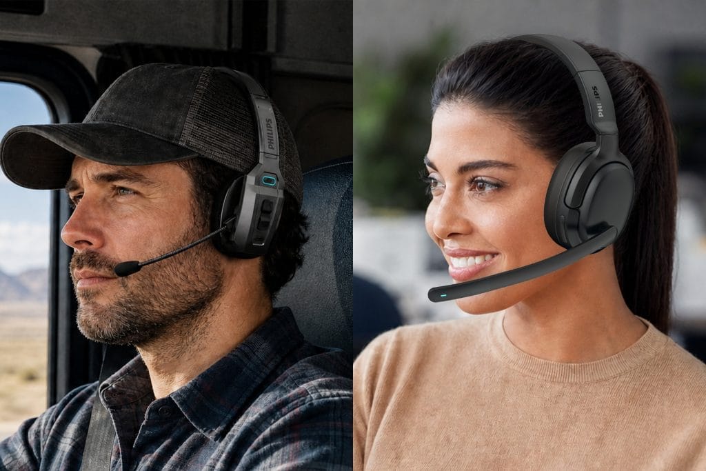 Split image showing a male truck driver wearing a rugged headset and a female professional wearing a modern office headset.