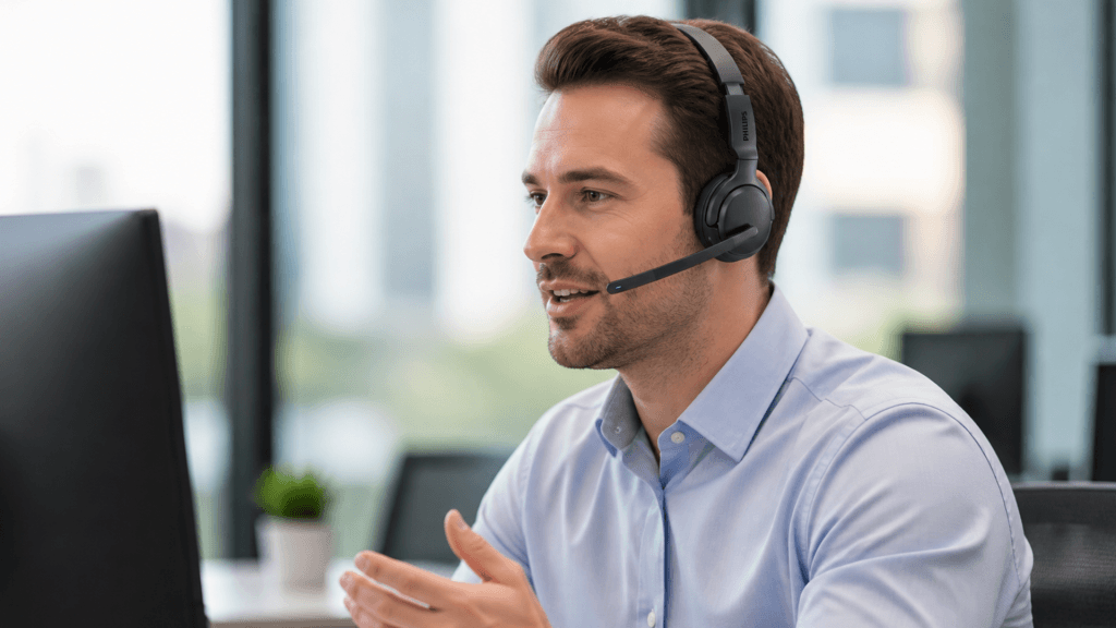 Office worker at a desk wearing a headset speaking clearly during a professional call
