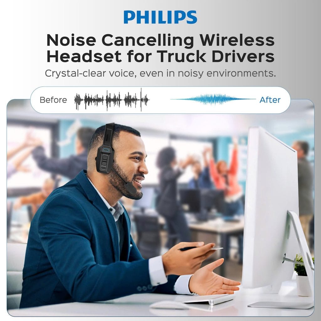 Graphic showing before and after audio waveform reduction with the Philips wireless headset for truck drivers