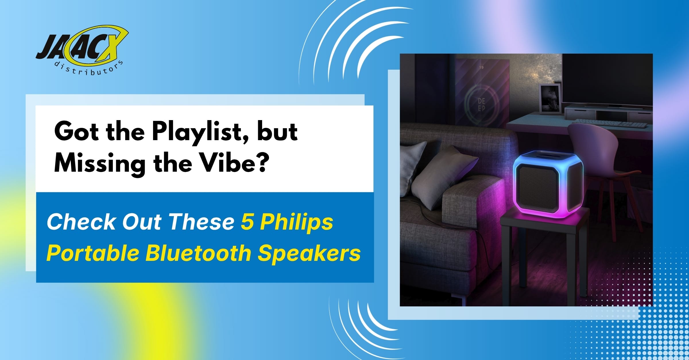 Philips portable Bluetooth speakers banner displaying top models for home and party music.