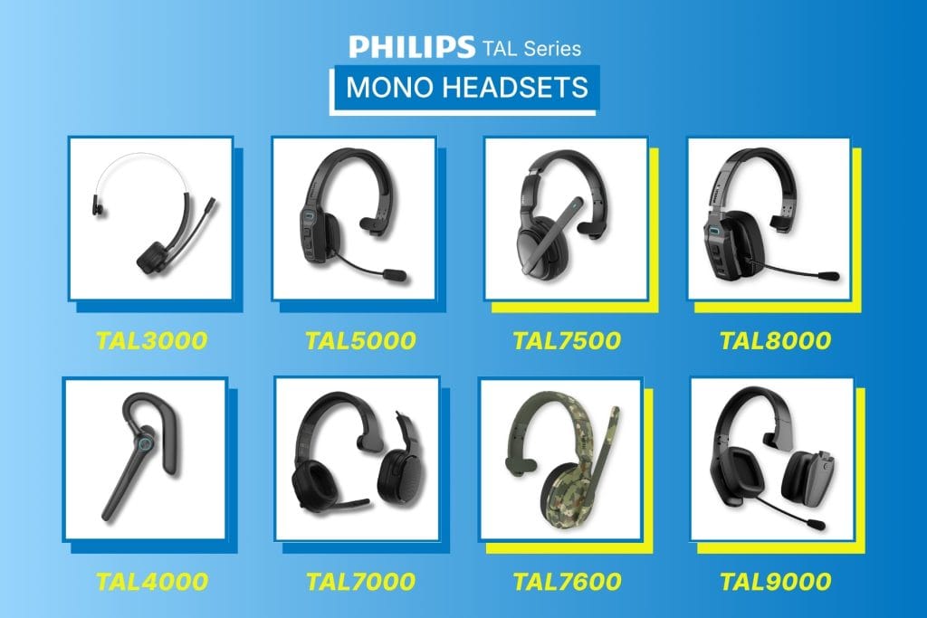 Complete product lineup showing Philips TAL Series mono headsets from TAL3000 to TAL9000