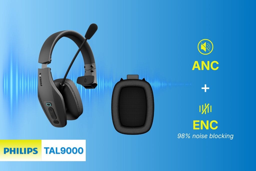 Philips TAL9000 mono headset featuring Active Noise Cancellation and 98% ENC noise-blocking boom microphone