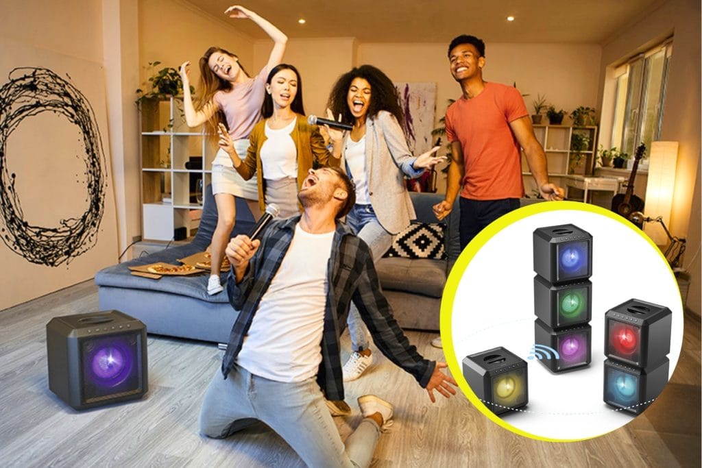 Philips TAX4207 cube party speaker with flashing strobe lights set up for home karaoke