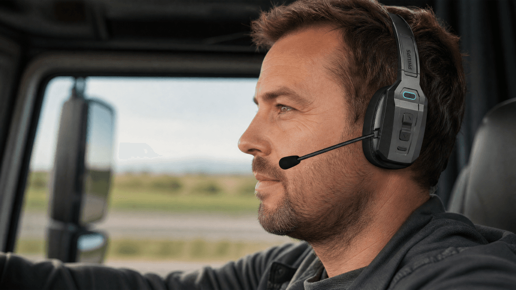 Male truck driver in a vehicle cab wearing a noise-canceling headset with a boom microphone